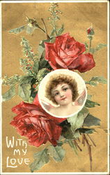 Cupid face in circle, red roses Postcard