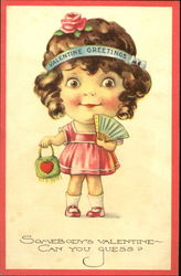 Girl holding fan and purse, blue ribbon & red flower in hair Postcard