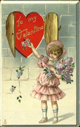 Girl with Flowers at Heart-Shaped Window Postcard