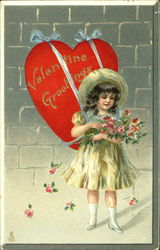 Girl with Flowers and Large Heart Postcard