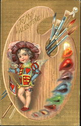 Art pallette, brushes, heart shaped paint areas, boy Postcard
