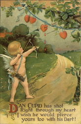 Cupid shooting arrows at hearts Postcard