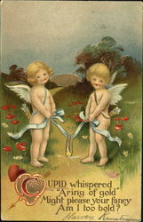 Two cupids holding ends of blue ribbon with gold ring Postcard