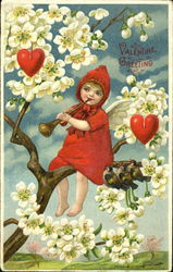 Cupid in red dress and hat playing oboe for birds in apple blossoms Postcard
