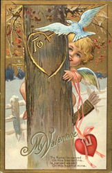 Cupid Behind Tree Carved with a Heart Postcard