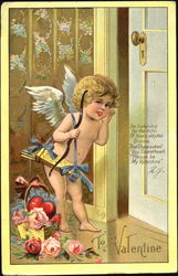 Cupid listening at craked open door Postcard
