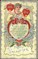Cupid holding two hearts, on top of heart bordered in red ribbon Postcard