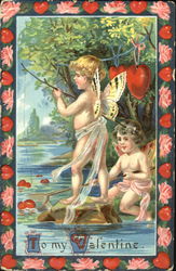 Two Cupids fishing for hearts in a river Postcard