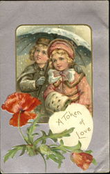 Children in the Snow with Umbrella and Poppies Postcard