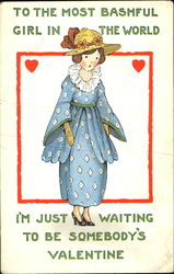 Line drawing of woman blue dress Comic Postcard Postcard