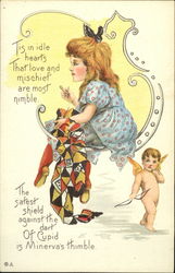 Little girl sewing with a timble to protect agaginst cupid Postcard