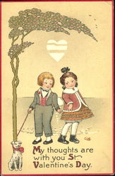 Child couple holding hands and walking beribboned dog Children Postcard Postcard