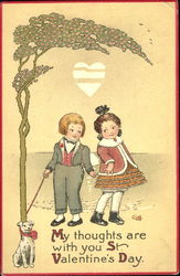 Child couple holding hands and walking beribboned dog Postcard