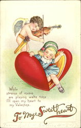 Cupid Playing a Violin to a Girl Sitting Inside a Heart Postcard Postcard