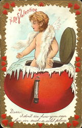 Cupid Emerging From a Snow Topped Heart Postcard Postcard