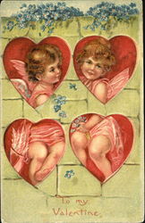 Cupids Behind Heart-Shaped Windows Postcard