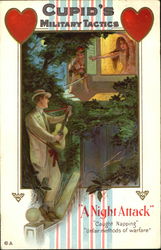 Man serenading woman, with gladiator-dressed cupid attending Postcard