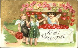 Boy and Girl Cupid Buying Hearts at Market Stall Postcard
