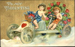 Cupids driving soapbox car Postcard