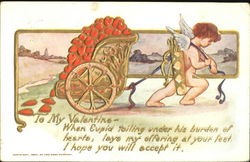 Cupid Pulling Chariot Filled With Hearts Postcard