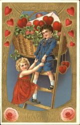 Boy in blue outfit standing on ladder, girl in red dress climbing ladder Postcard