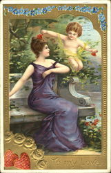 Cupid presenting roses to a girl in a purple dress Postcard Postcard
