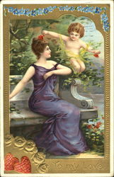 Cupid presenting roses to a girl in a purple dress Postcard