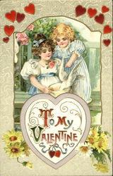 Two girls feeing white dove from bowl Postcard