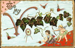 Two cupids and flying hearts, vine Postcard