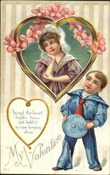 Sailor Boy Looking at Girl in Heart-Shaped Frame Postcard