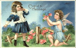 Cupid offering flowers to girl Postcard