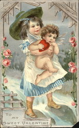 Little girl holding cupid with a heart Postcard