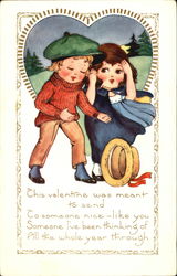 Boy in green cap, girl in blue cape, hat on ground Postcard