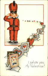 Boy Soldier Saluting Passing Line of Valentine Cards Postcard