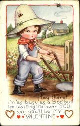 Boy pushing plow, blue overalls, big straw hat Postcard