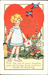Girl holding doll, big read heart, bluebirds Postcard