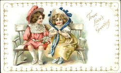 Two pretty little girls in hats sitting on a bench Postcard