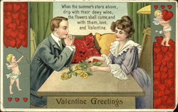 Man and woman at table, yellow roses, 2 cupids Couples Postcard Postcard