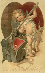 Cupid Prying Open Treasure Chest Postcard