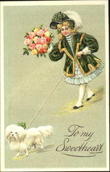 Little Girl in Green and a White Dog Postcard