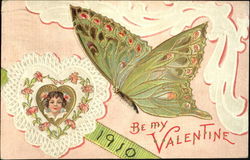 Butterfly flying over a picture of a girl Postcard