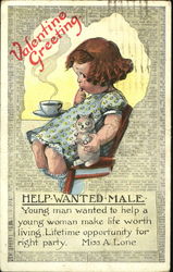 Girl with doll and having coffee Postcard