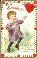 Young child chasing a flying heart Postcard