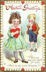 Blushing girl and boy with hearts Postcard