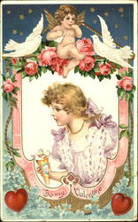 Cupid sitting on a picture frame of a girl Postcard