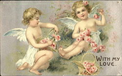 two cupids wearing skirts, pink flowers Postcard