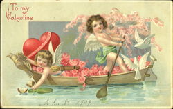 Two Cupids in a Flower Filled Boat Postcard