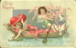 Two Cupids in a Flower Filled Boat Postcard Postcard