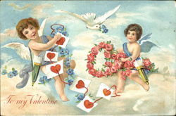 Cupids With Heart-Shaped Flower Wreath and String of Hearts Postcard