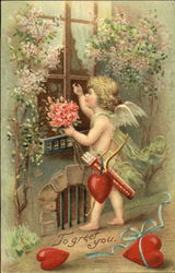 Cupid With Flower Bouquet Knocking on Window Postcard